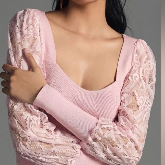 Anthropologie Baby Pink Ribbed Lace Sleeve Sweater Top - Picture 7 of 7